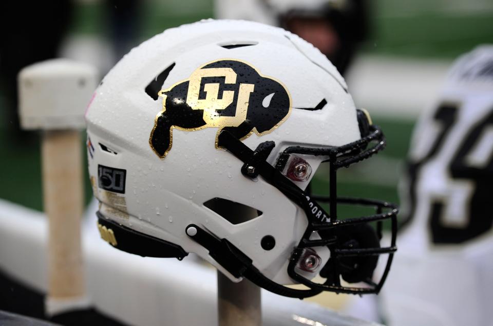 Oct 19, 2019; Pullman, WA, USA; Colorado Buffaloes helmet sits during a football game against the Washington State Cougars in the first at Martin Stadium. Mandatory Credit: James Snook-USA TODAY Sports