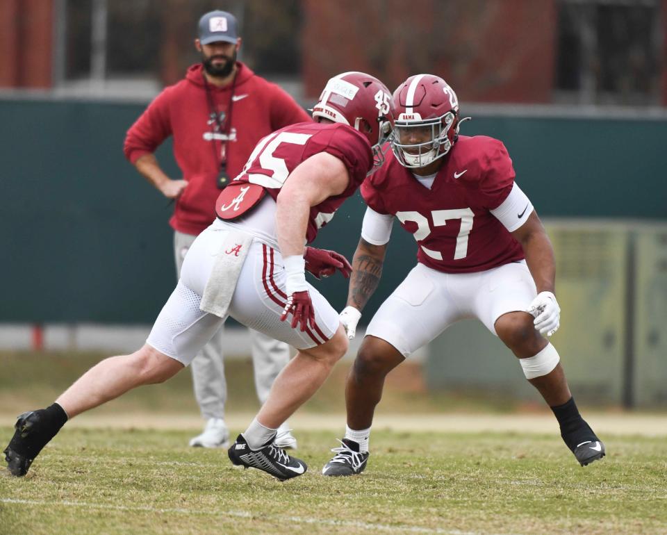 Mar 21, 2024; Tuscaloosa, Alabama, USA; Defensive backs Caleb McDougle (45) and Tony Mitchell (27) work against each other during practice at the University Alabama Thursday.