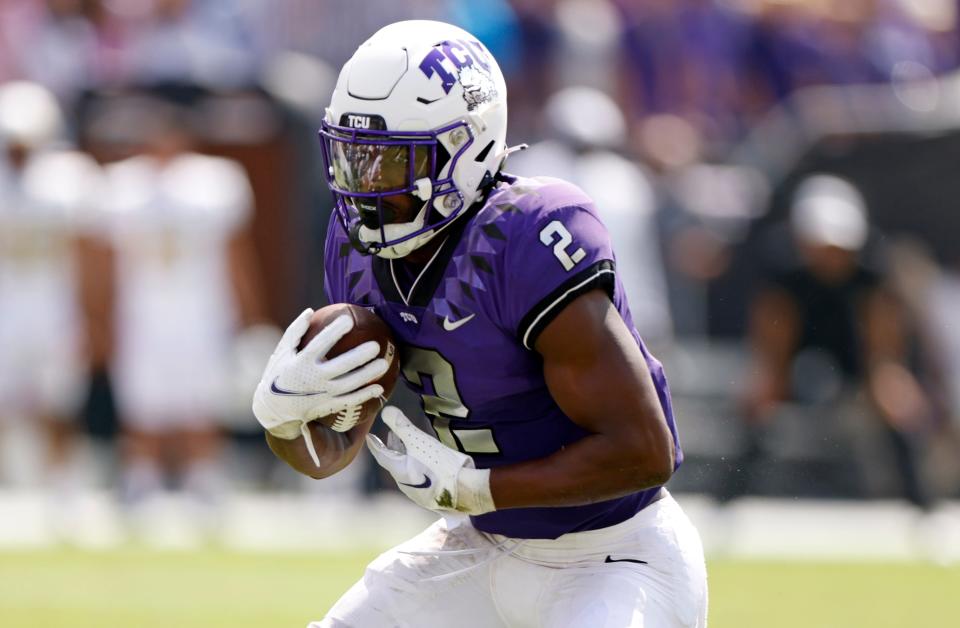 FORT WORTH, TX - SEPTEMBER 2: Trey Sanders #2 of the TCU Horned Frogs carries the ball against the Colorado Buffaloes during the first half at Amon G. Carter Stadium on September 2, 2023 in Fort Worth, Texas. (Photo by Ron Jenkins/Getty Images)