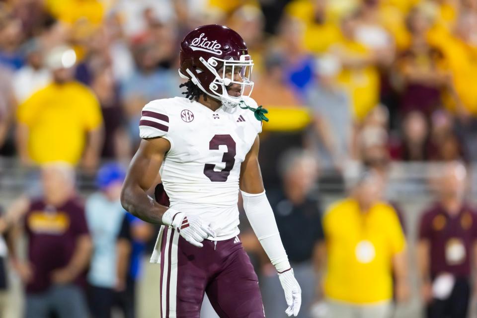 Sep 7, 2024; Tempe, Arizona, USA; Mississippi State Bulldogs safety Brylan Lanier (3) against the Arizona State Sun Devils at Mountain America Stadium. Mandatory Credit: Mark J. Rebilas-Imagn Images