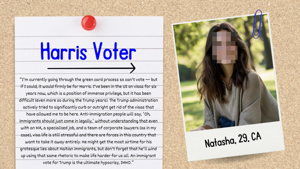 Harris Voter: Natasha, 29, CA, shares her struggles with voting due to green card status and expresses support for Harris and the pro-immigration stance