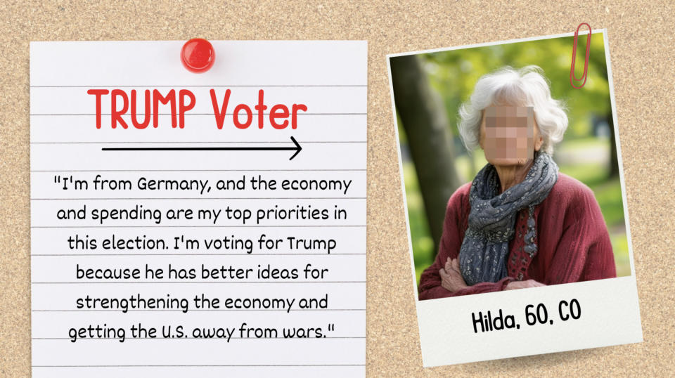 Photo of Hilda, 60, from Colorado on a corkboard with text stating she supports Trump due to his economic policies and focus on reducing military involvement