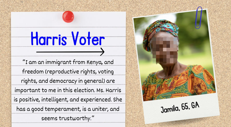 A note beside a photo of Jamila, 65, GA. Jamila supports Harris, a positive and experienced candidate. Her vote is influenced by reproductive rights, voting rights, and democracy