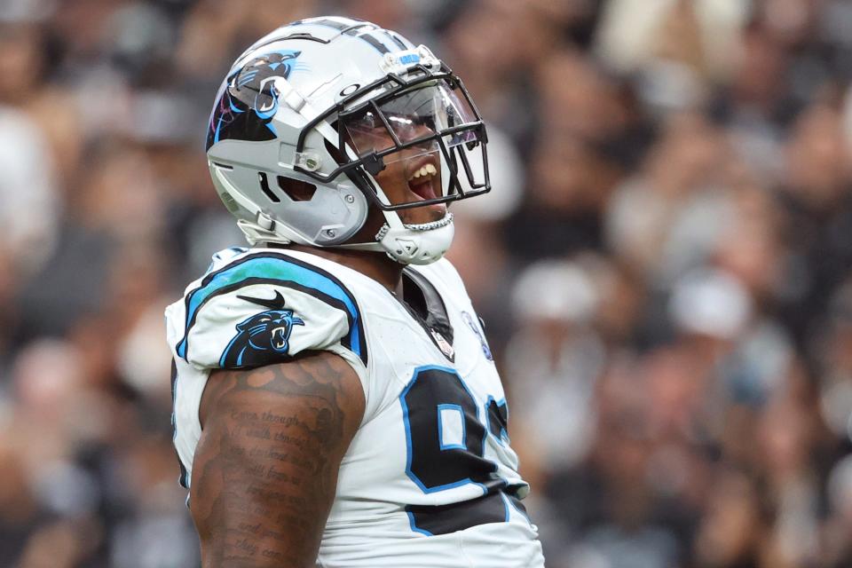 LAS VEGAS, NEVADA - SEPTEMBER 22: LaBryan Ray #93 of the Carolina Panthers celebrates a third quarter sack against the Las Vegas Raiders at Allegiant Stadium on September 22, 2024 in Las Vegas, Nevada. (Photo by Ian Maule/Getty Images)