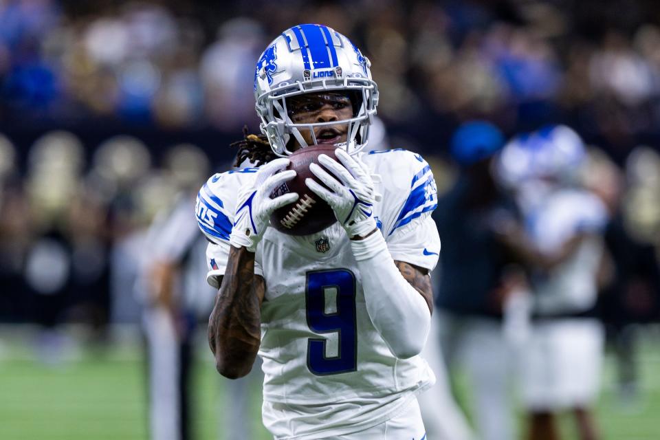 Dec 3, 2023; New Orleans, Louisiana, USA; Detroit Lions wide receiver Jameson Williams (9) during warmups before the game against the New Orleans Saints at Caesars Superdome. Mandatory Credit: Stephen Lew-USA TODAY Sports