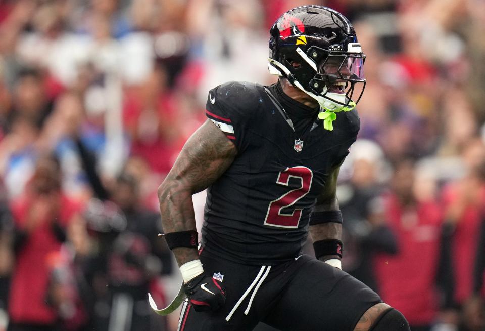 Arizona Cardinals linebacker Mack Wilson Sr. (2) celebrates his sack against the Detroit Lions at State Farm Stadium Football in Glendale, Ariz., Sep 22, 2024.