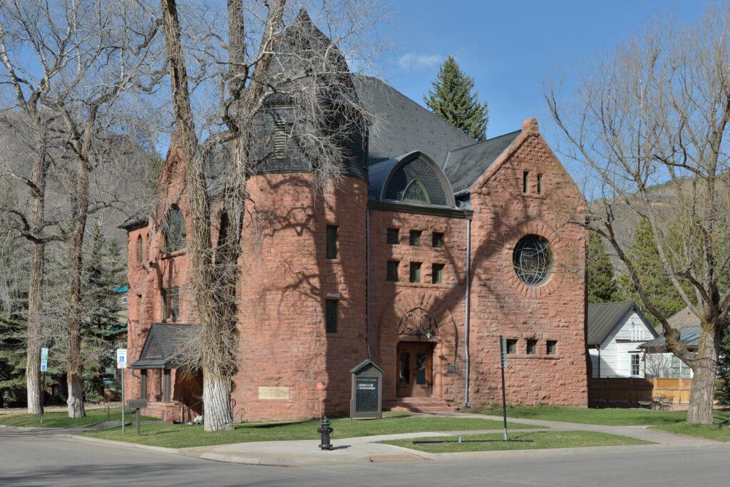 An outside shot of the historic Aspen Community Church.