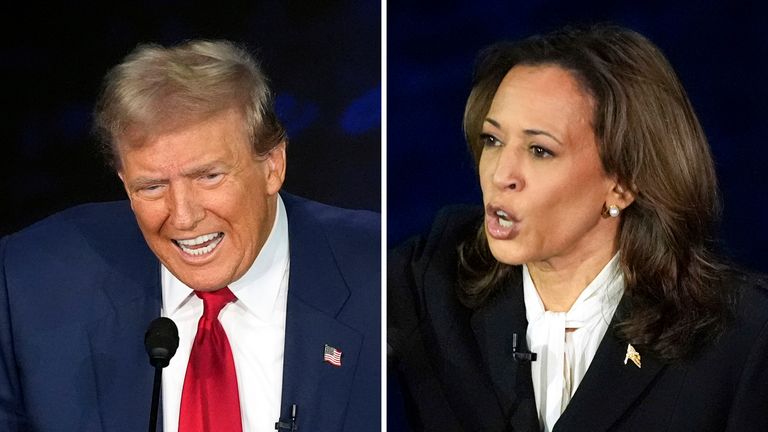 This combination of photos shows Republican presidential nominee former President Donald Trump, left, and Democratic presidential nominee Vice President Kamala Harris during an ABC News presidential debate at the National Constitution Center, Tuesday, Sept. 10, 2024, in Philadelphia. (AP Photo/Alex Brandon)