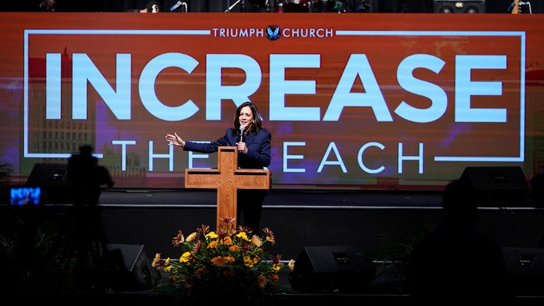 Kamala Harris during the 2020 election campaign at a church in Michigan. Pic: AP