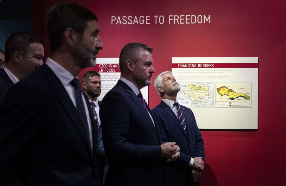 Czech Republic President Petr Pavel looks around an exhibit while touring the National Czech and Slovak Museum and Library during ahead of the dedication of the Buresh Immigration Clock Tower in Cedar Rapids on Friday. (Savannah Blake/The Gazette)