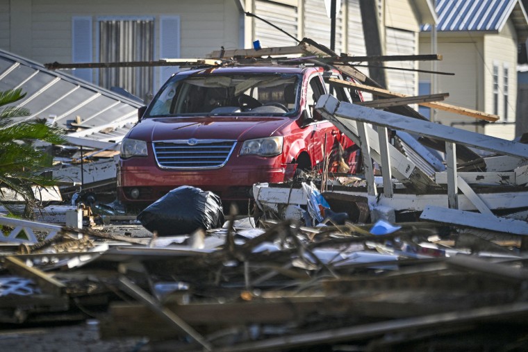 Debris left by Hurricane Helene in Cedar Key, Fla., on Sept. 27, 2024.