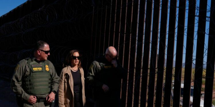 Harris walks fence at U.S.-Mexico border as she works to project tougher stance on migration