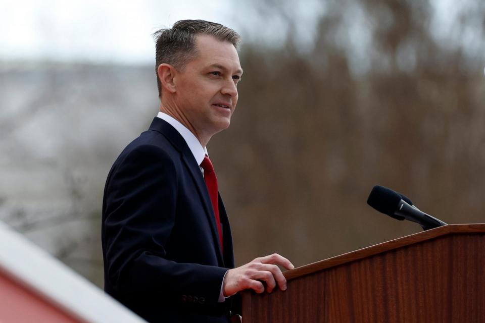 PHOTO: Alabama Secretary of State Wes Allen speaks during the inauguration ceremony on the steps of the Alabama state Capital in Montgomery, Ala., Jan. 16, 2023.  (Butch Dill/AP)