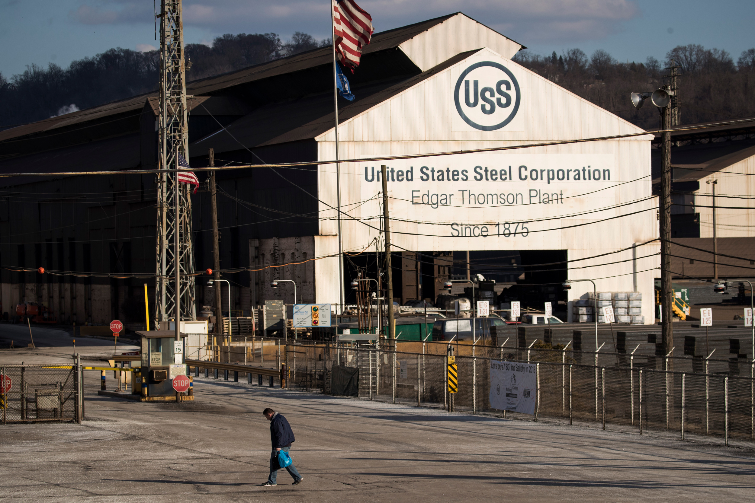 A worker leaves U.S. Steel’s Edgar Thomson Steel Works in 2018. Credit: Drew Angerer/Getty Images