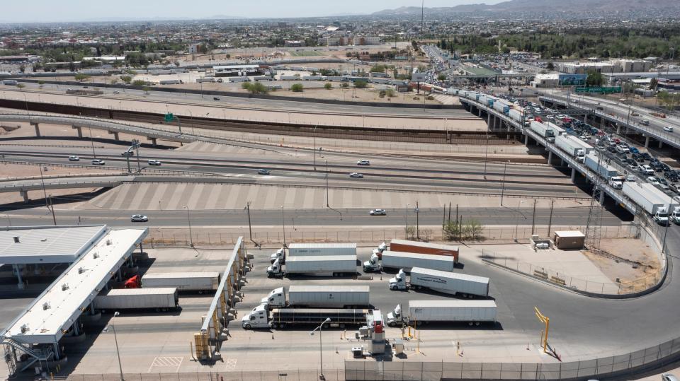 Trucks that entered the U.S. through the Bridge of the Americas prepare to go through X-Ray technology inspection by U.S. Customs.