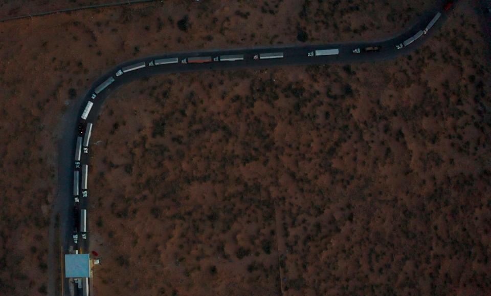 Commercial trucks wait to enter the U.S. at the Santa Teresa Port of Entry in New Mexico on Monday, April 11, 2022.