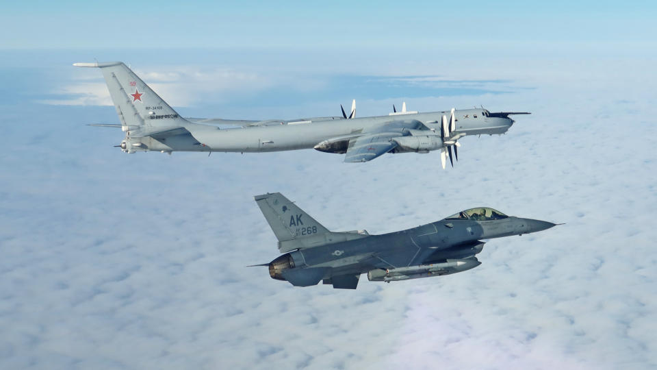 A NORAD F-16 Fighting Falcons intercepts a Russian TU-142 Bear F/J in the Alaska Air Defense Identification Zone in September 2024 under Operation Noble Eagle. NORAD employs a layered defense network of satellites, ground-based and airborne radars and fighter aircraft in seamless interoperability to detect and track aircraft and inform appropriate actions. NORAD remains ready to employ a number of response options in defense of North America.