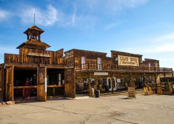 Dark brown buildings with signs that say