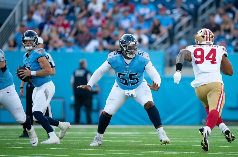 Tennessee Titans offensive tackle JC Latham (55) takes on San Francisco 49ers defensive end Yetur Gross-Matos (94) to give quarterback Will Levis (8) time to throw during their first preseason game of the 2024-25 season at Nissan Stadium Saturday, Aug. 10, 2024.