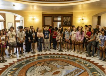 Young people inside of Arizona Capitol Museum in Phoenix, Arizona...