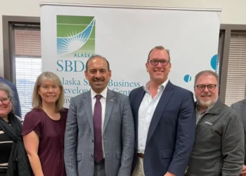 Small Business Administration officials pose with Alaska Small Business Development Center staff. From left: Jackson Brossy, assistant administrator, Office of Native American Afairs, SBA; Erica Rivera, deputy district director, Alaska District Office, SBA; Kendra Conroy, associate state director, Alaska Small Business Development Center; Dilawar Syed, deputy administrator, SBA; Jon Bittner, executive director, Alaska Small Business Development Center; Steve Brown, district director, SBA, Alaska District Office; and Mark Ranneberger, senior advisor to the deputy administrator. (Photo by Joaqlin Estus/ICT)