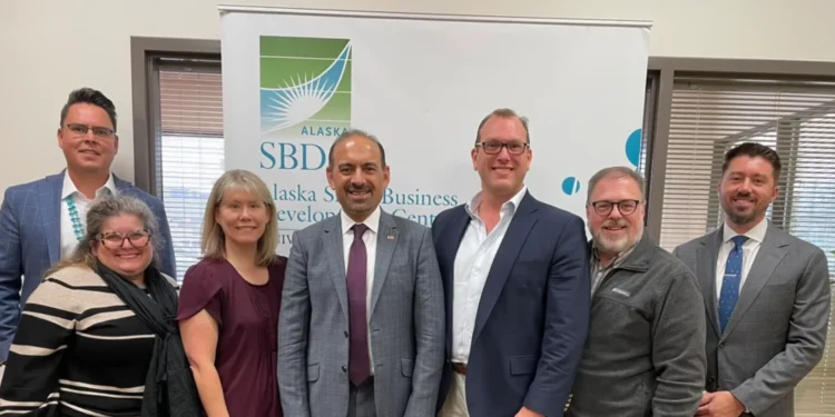 Small Business Administration officials pose with Alaska Small Business Development Center staff. From left: Jackson Brossy, assistant administrator, Office of Native American Afairs, SBA; Erica Rivera, deputy district director, Alaska District Office, SBA; Kendra Conroy, associate state director, Alaska Small Business Development Center; Dilawar Syed, deputy administrator, SBA; Jon Bittner, executive director, Alaska Small Business Development Center; Steve Brown, district director, SBA, Alaska District Office; and Mark Ranneberger, senior advisor to the deputy administrator. (Photo by Joaqlin Estus/ICT)