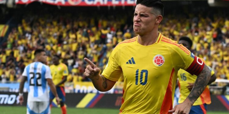 Colombia's midfielder James Rodríguez celebrates scoring his team's second goal during the 2026 FIFA World Cup South American qualifiers football match between Colombia and Argentina, at the Metropolitano Roberto Meléndez stadium in Barranquilla, Colombia, on September 10, 2024.