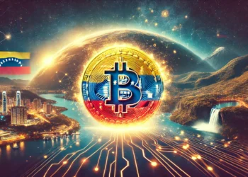 DALL·E 2024-09-07 19.37.46 - A dynamic, futuristic image showcasing Bitcoin symbols interwoven with elements of Venezuela's landscape. The foreground features a bright Bitcoin coi