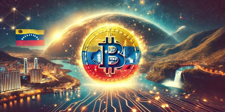 DALL·E 2024-09-07 19.37.46 - A dynamic, futuristic image showcasing Bitcoin symbols interwoven with elements of Venezuela's landscape. The foreground features a bright Bitcoin coi