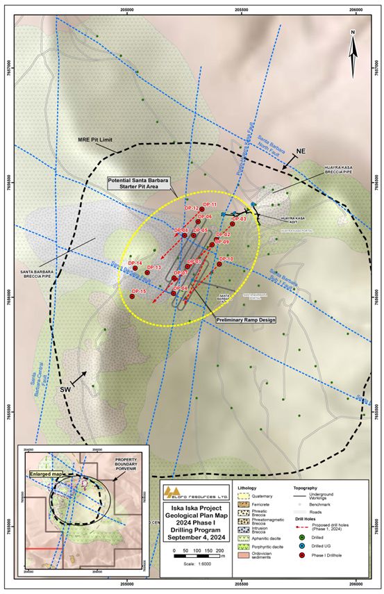 Geological and Planned Drill Hole Location Map, Santa Barbara Potential Starter Pit Area.