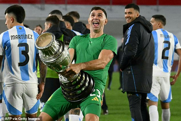 Emiliano Martinez has once again recreated his infamous crude post-World Cup celebration