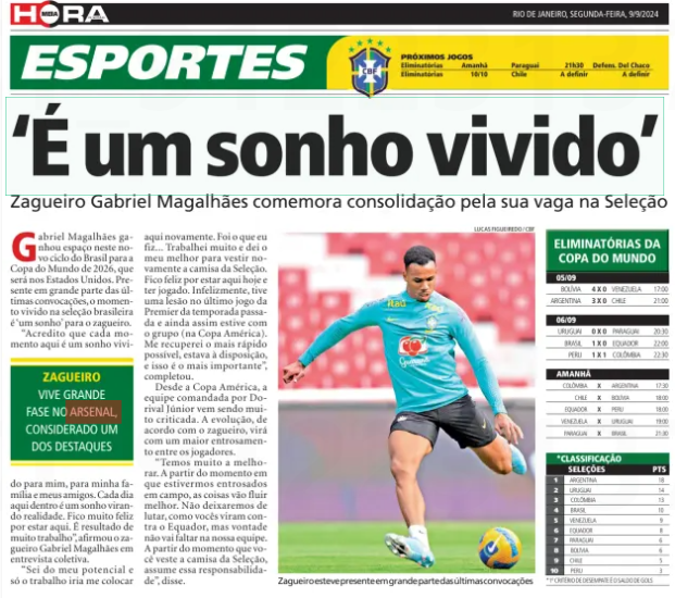 'It's a dream lived’ Defender Gabriel Magalhães celebrates consolidating his place in the National Team Meiahora - RJ9 Sep 2024 LUCAS FIGUEIREDO / CBF Defender has been present in most of the last calls Gabriel Magalhães won space in this new cycle of Brazil for the 2026 World Cup, which will be in the United States. Present in most of the last calls, the moment lived in the Brazilian team is ‘ a dream’ for the defender. 