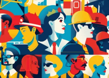 Join us in honoring the hardworking individuals from various professions as they come together to commemorate Labor Day in this colorful illustration.