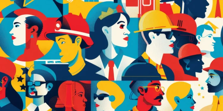 Join us in honoring the hardworking individuals from various professions as they come together to commemorate Labor Day in this colorful illustration.