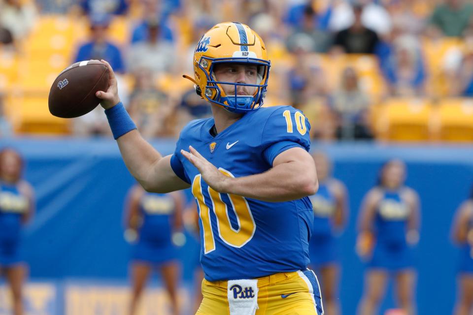 Aug 31, 2024; Pittsburgh, Pennsylvania, USA; Pittsburgh Panthers quarterback Eli Holstein (10) passes the ball against the Kent State Golden Flashes during the first quarter at Acrisure Stadium. Mandatory Credit: Charles LeClaire-USA TODAY Sports