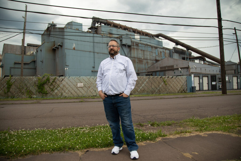 Bernie Hall, the District 10 Director for the United Steelworkers, poses outside the U.S. Steel Mon Valley Works in Braddock on June 4. Credit: Rebecca Droke/AFP via Getty Images
