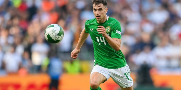 Jayson Molumby of Republic of Ireland chases the ball in the green Irish home kit in the 2024 Nations League.