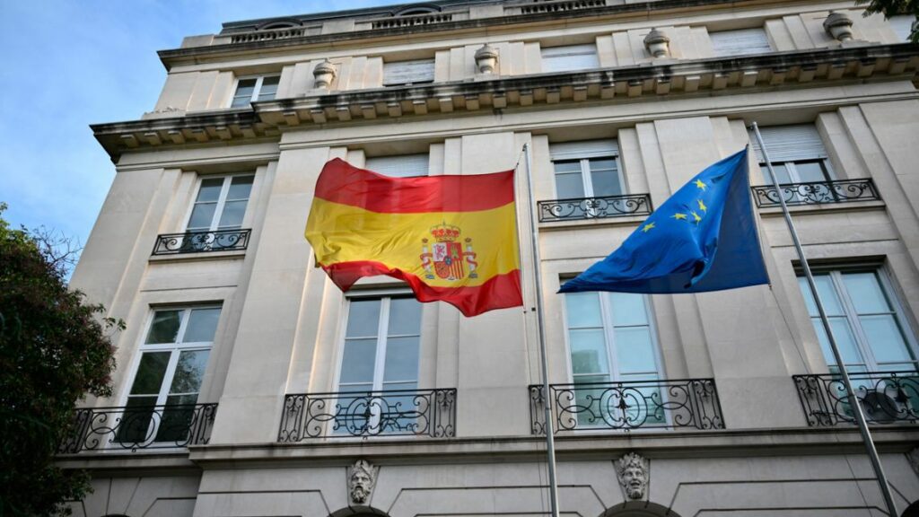 Spanish and European Union flags fly at the Spanish Embassy in Buenos Aires on May 20, 2024.