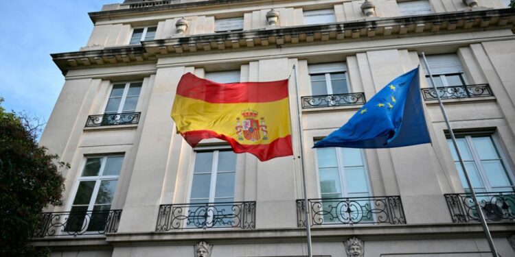 Spanish and European Union flags fly at the Spanish Embassy in Buenos Aires on May 20, 2024.