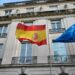 Spanish and European Union flags fly at the Spanish Embassy in Buenos Aires on May 20, 2024.