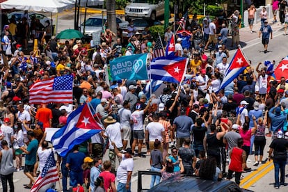 Cubans demonstrate in Miami's Little Havana neighborhood during a march in solidarity with the protests in Cuba in July 2021.