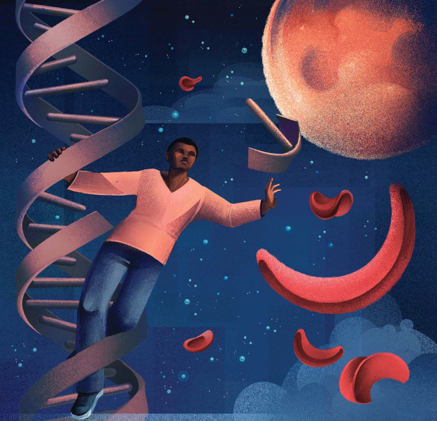 Illustration of a young black boy flying close to the moon, surrounded by blood cells