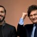 Argentina's President Javier Milei gestures next to El Salvador's President Nayib Bukele on the balcony of the Casa Rosada presidential palace in Buenos Aires on September 30, 2024.