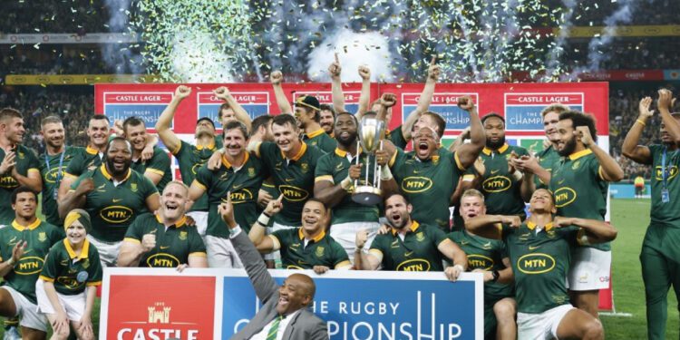 South Africa celebrate winning the Rugby Championship for the second time. Photo: AFP