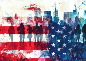 A modern digital illustration depicting various silhouettes of people in front of an American flag and cityscape, symbolizing the diverse electorate and the importance of voting