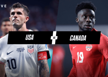 Christian Pulisic of USA and Alphonso Davies of Canada split versus