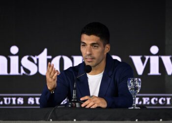 Suarez speaking at a press conference at the Centenario Stadium in Montevideo. Photo: AFP