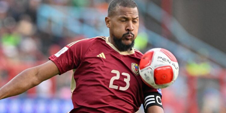 Venezuela's forward Salomon Rondon controls the ball during the 2026 FIFA World Cup South American qualifiers ahead of the Venezuela vs Uruguay live stream