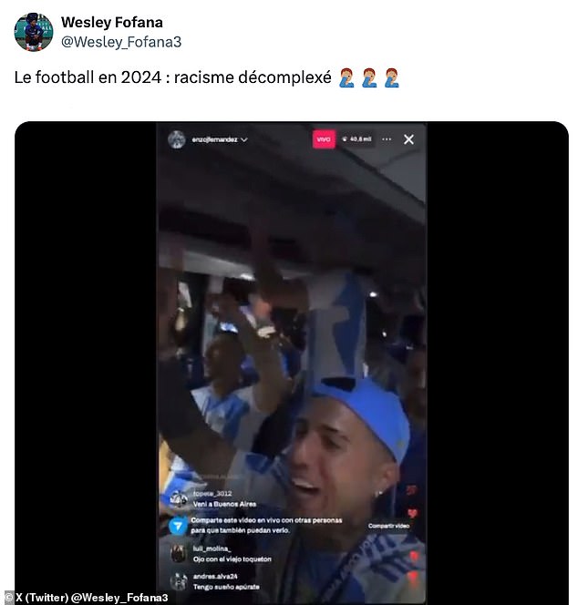 Fofana reposted the video via X alongside the words: 'Football in 2024: uninhibited racism'