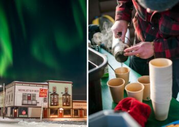 The aurora borealis dance over historic buildings in downtown Dawson City, Yukon; The Klondike Experience founder Jesse Cooke makes a special hot chocolate drink for his guests at a warming hut in Tombstone Territorial Park, Yukon.